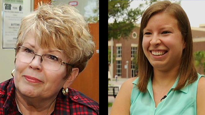 Last year, Nancy Ellis, '07 (left), and Sarah Goldman, '14 (right), were selected as Everyday Heroes by News 13 and Bright House Networks. On March 19, the two Knights were invited to a special Salute to Everyday Heroes luncheon, recognizing all of the 2014 honorees. (Photo: News 13)