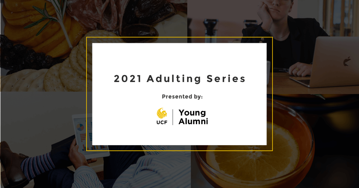Young Alumni Council logo with text that reads "Adulting Series"