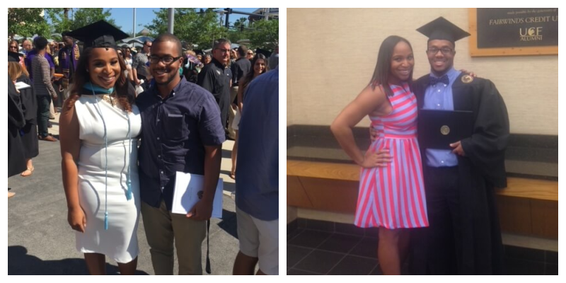 Photo collage from left to right: Destinee graduates UCF with Kendall by her side, Kendall graduates with Destinee by his side