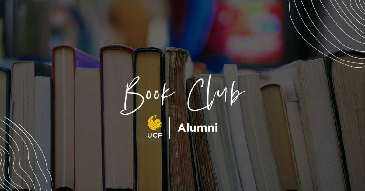 photo of books with text on top that reads "UCF Alumni Book Club"