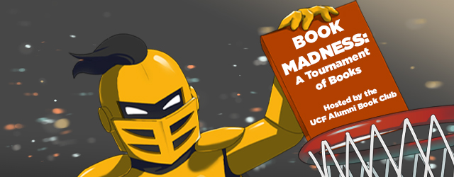 Graphic of Knightro dunking a book into a basketball hoop. The book as the title of the event "Book Madness: A Tournament of Books, hosted by the UCF Alumni Book Club" on it