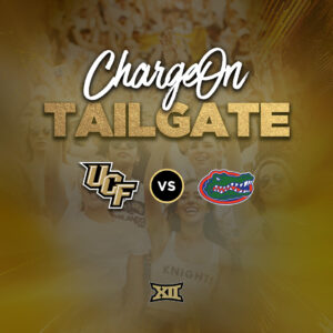 Graphic for the event with the logos for each team UCF vs. UF under the event title ChargeOn Tailgate