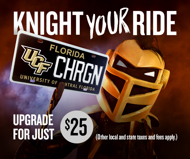 Knight You Ride promotional image with Knightro holding a UCF license plate