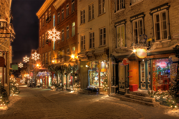 image of a festive lit street in Quebec