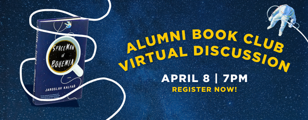 Spaceman of Bohemia Virtual Discussion promotional graphic with the event date and time of April 8 at 7 p.m. next to a cover of the book. Click to register.