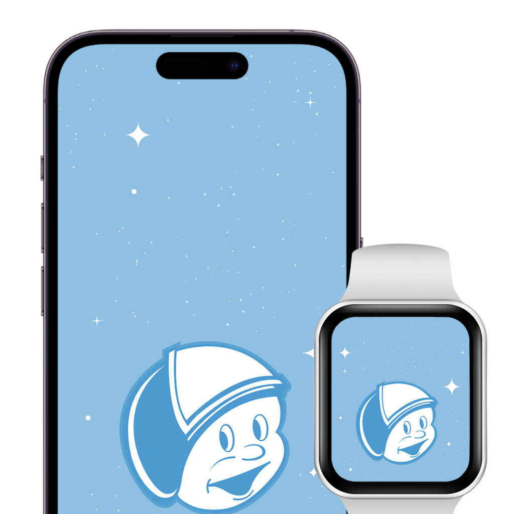 Large smartphone and smartwatch display a light blue, starry wallpaper featuring a white-and-blue cartoon face wearing a helmet.