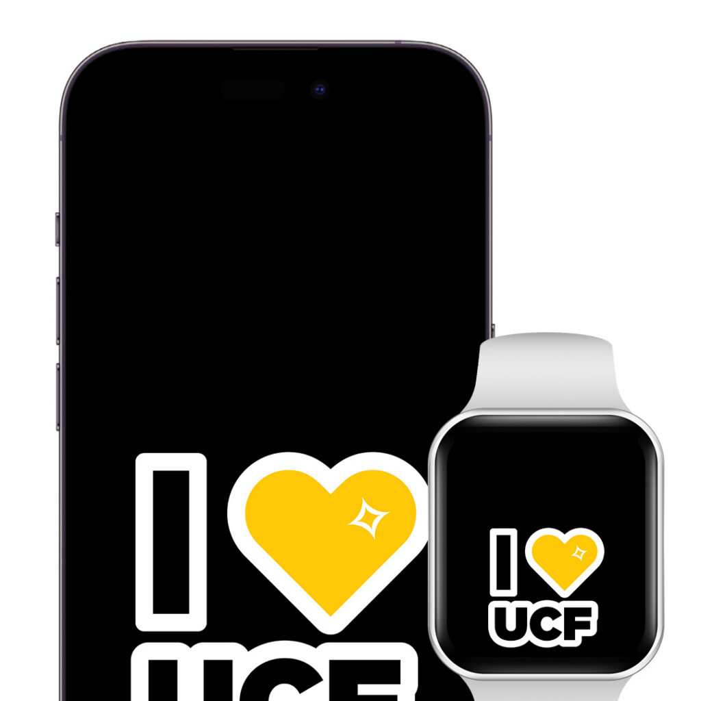 Graphic showing an 'I ❤️ UCF' logo on a large phone screen and a smartwatch, representing a wearable-friendly UCF love slogan.