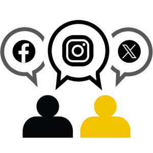 Graphic showing overlapping circular social media icons for Facebook, Instagram, and X, with black and yellow user avatars beneath.