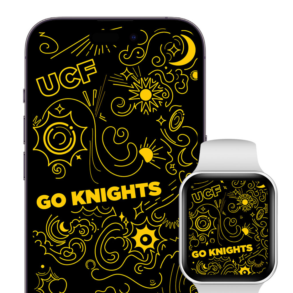 Phone and smartwatch showing a yellow UCF Knights doodle pattern on black background with 'GO KNIGHTS' text.