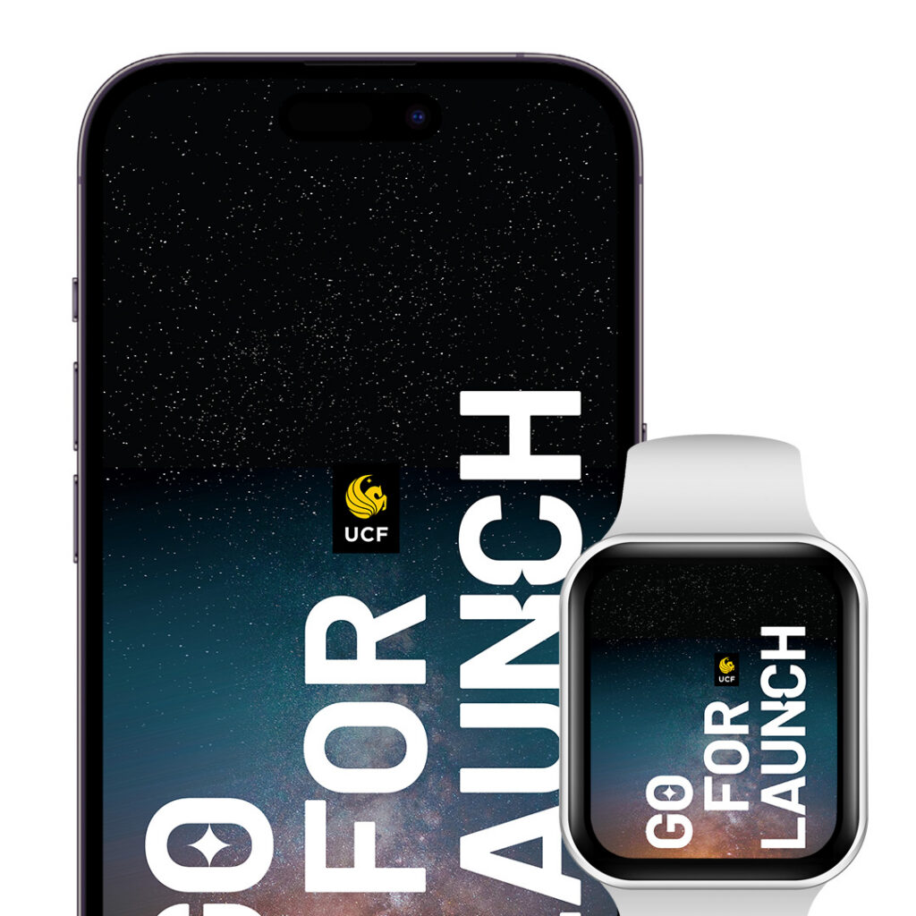 Smartphone and smartwatch displaying bold 'GO FOR LAUNCH' over a starry gradient background with a small UCF logo.