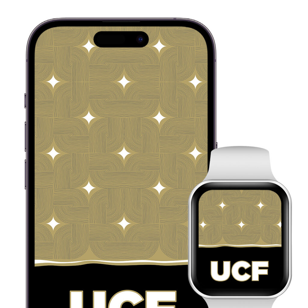Phone and smartwatch displaying a gold geometric wallpaper with starburst accents, and a bold “UCF” label at the bottom.