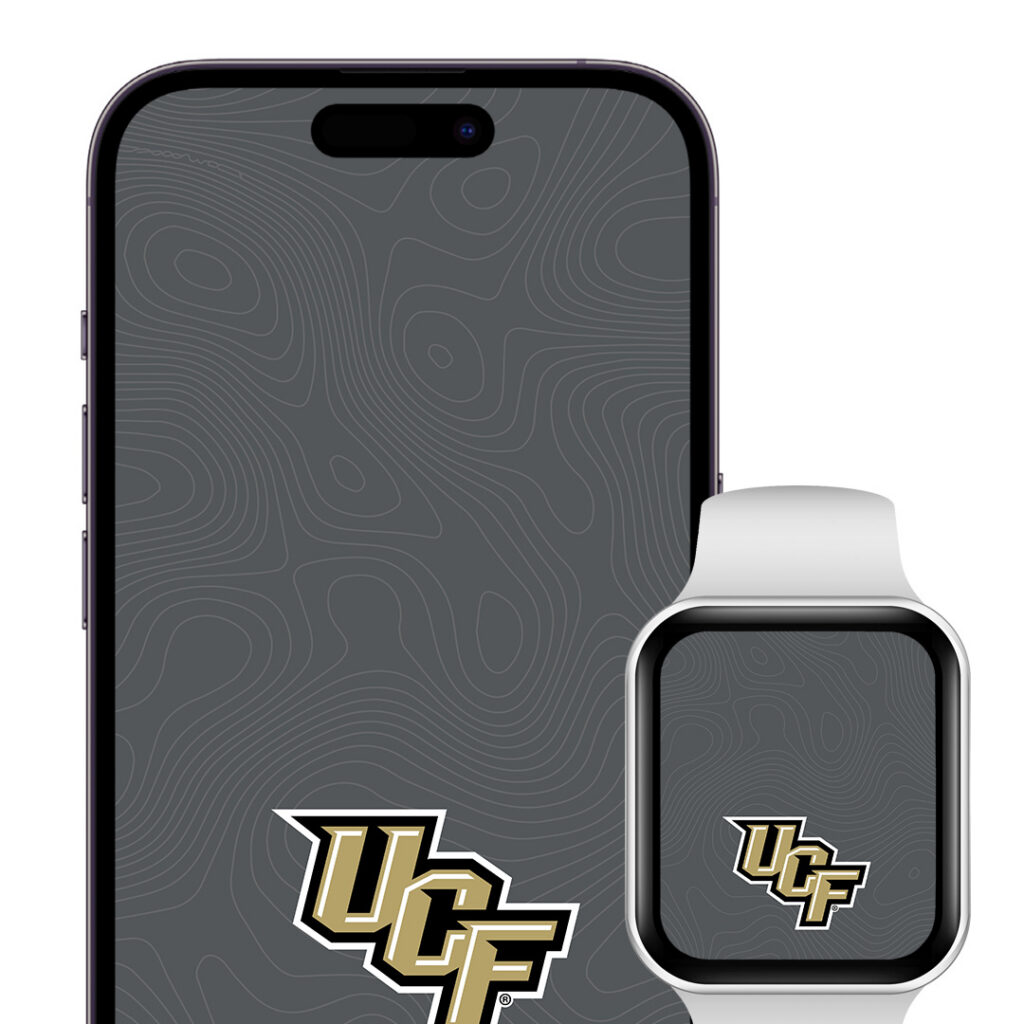 Smartphone and smartwatch displaying a dark gray topographic pattern background with a gold UCF logo in the corner