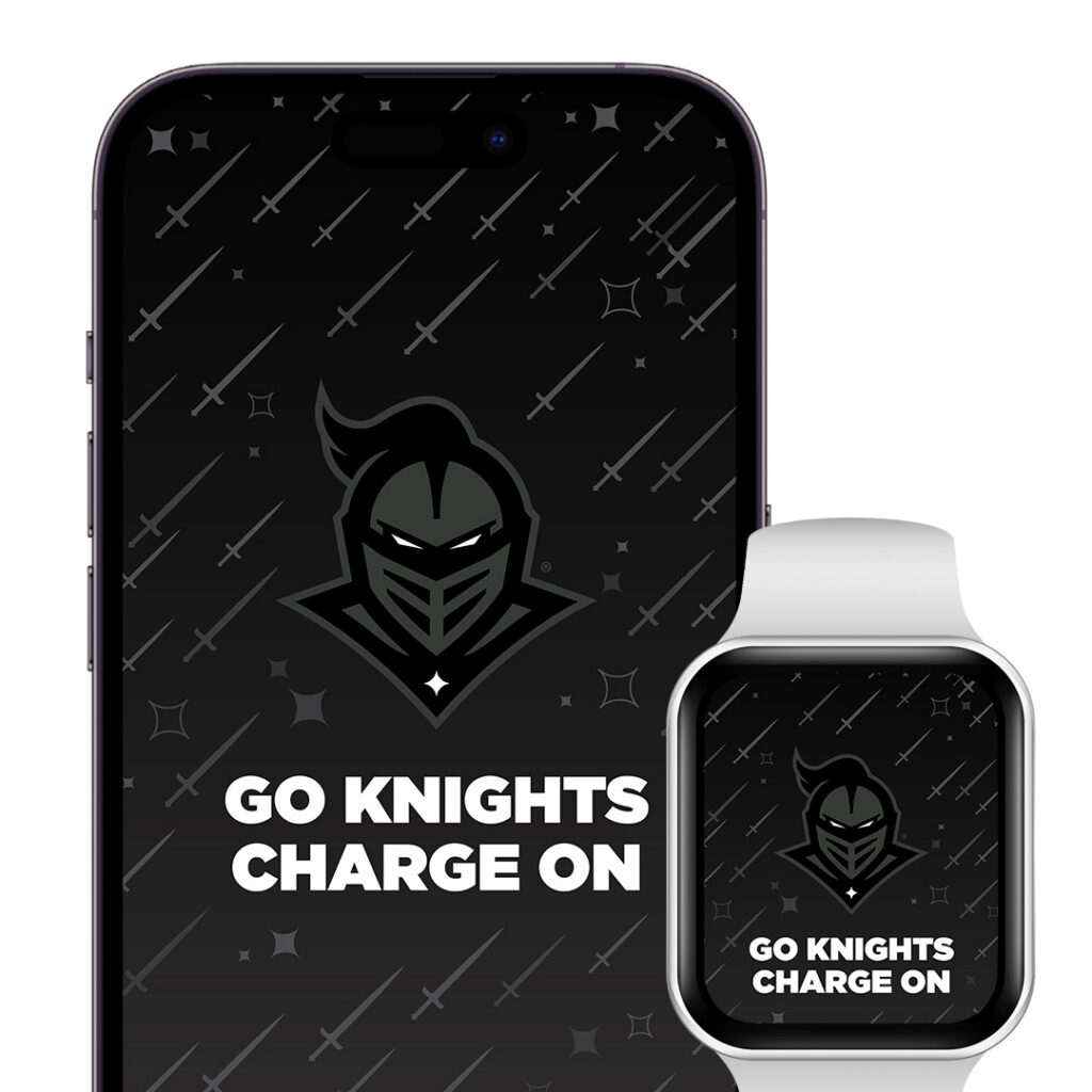 Dark gradient background with knight helmet logo and bold 'GO KNIGHTS CHARGE ON' slogan.