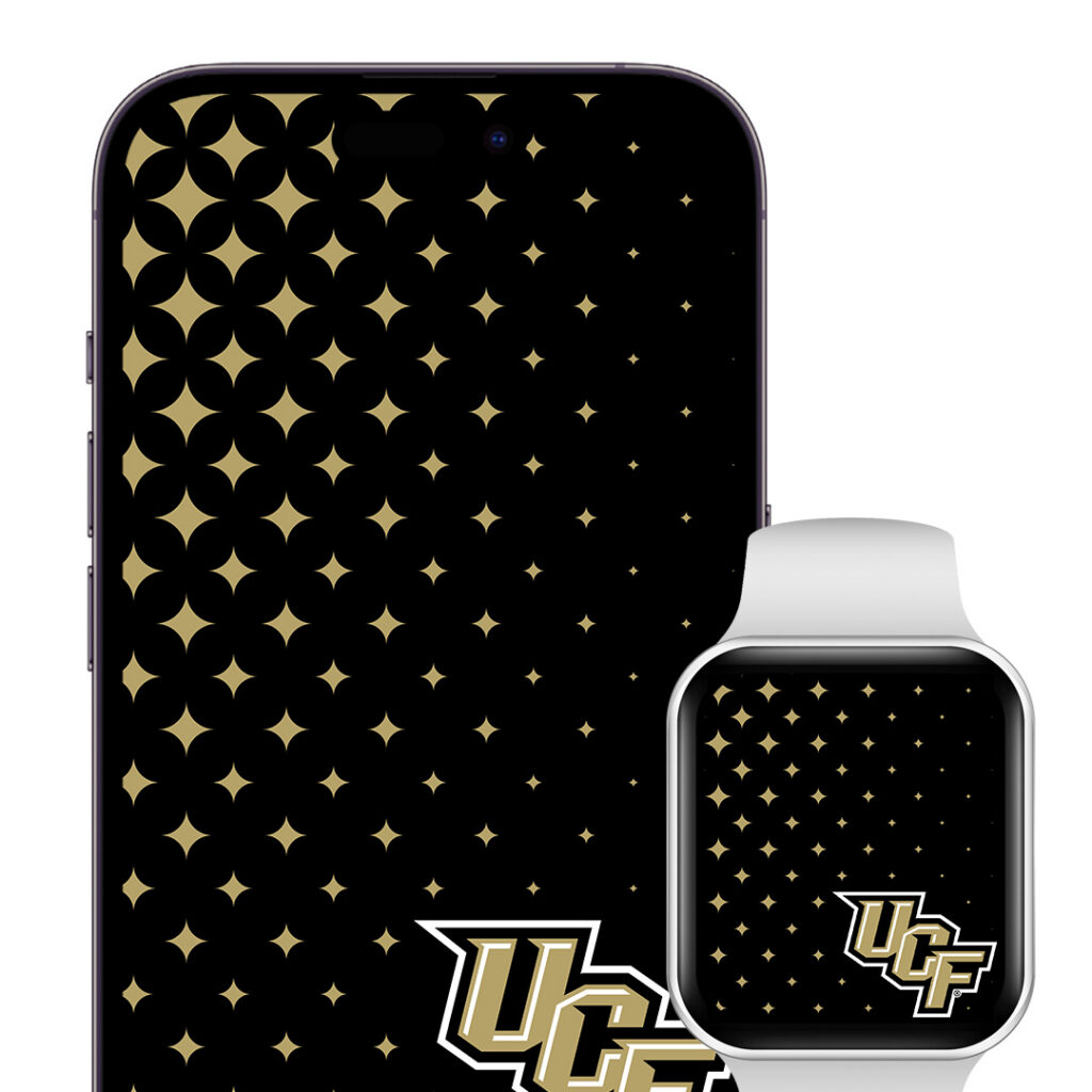 Smartphone and smartwatch showing a black wallpaper with a repeating gold starburst pattern and the gold UCF logo in the corner.