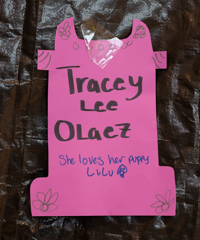 Handmade pink sign shaped like a dress with the name 'Tracey Lee Oleaz' and the note 'She loves her puppy Lulu', decorated with flower drawings and tape at the top.