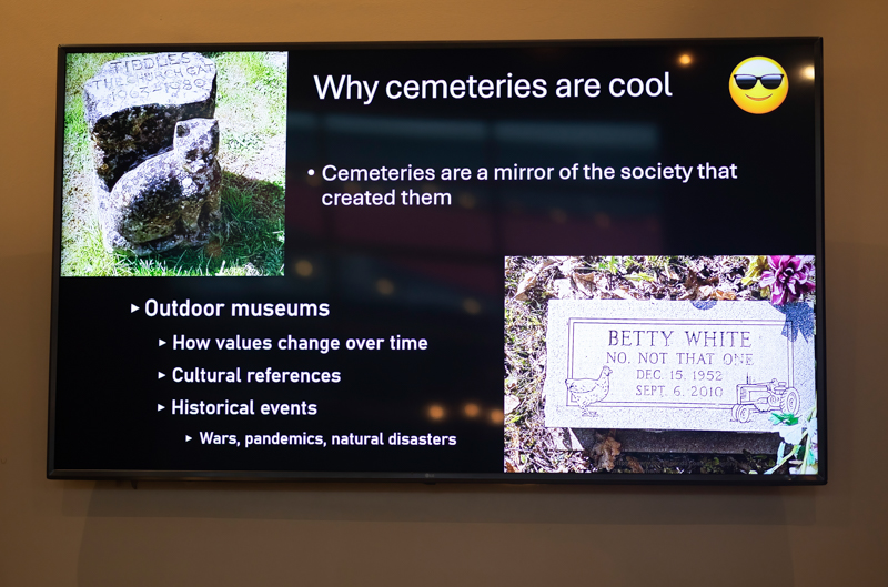 Slide titled 'Why cemeteries are cool' explaining cemeteries as mirrors of society and as outdoor museums, with tombstone photos