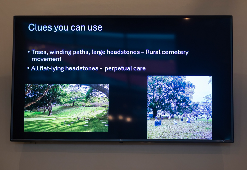Slide titled 'Clues you can use' with bullets about rural cemetery movement and perpetual care; two cemetery photos.
