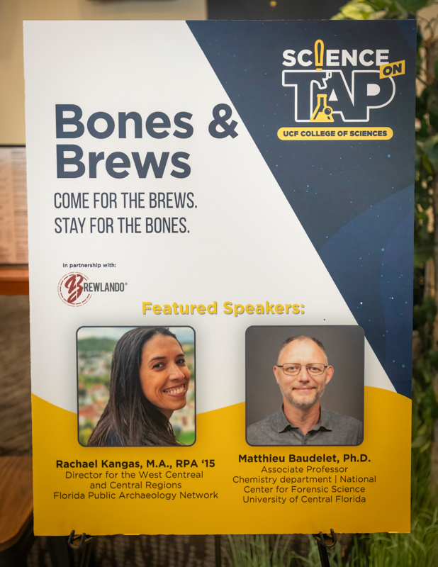 Event poster titled Bones & Brews with Science on Tap logos; features speakers Rachael Kangas and Matthieu Baudet, plus partner logos and bios for each speaker.