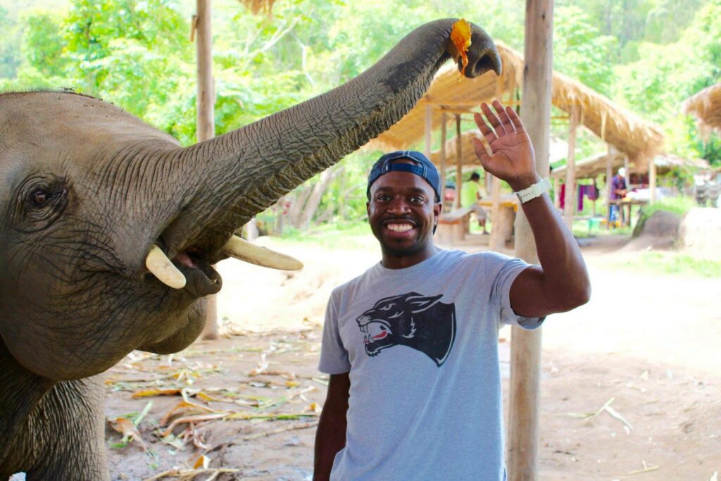 Man in a cap high-fives a baby elephant’s trunk at an outdoor elephant sanctuary.