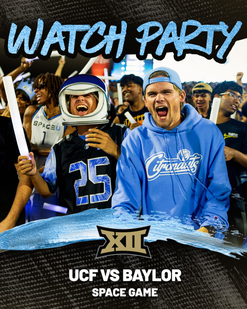 Poster advertising a UCF vs Baylor Space Game watch party featuring a cheering crowd and a bold 'WATCH PARTY' banner at the top with a Big 12 logo at the bottom edge.