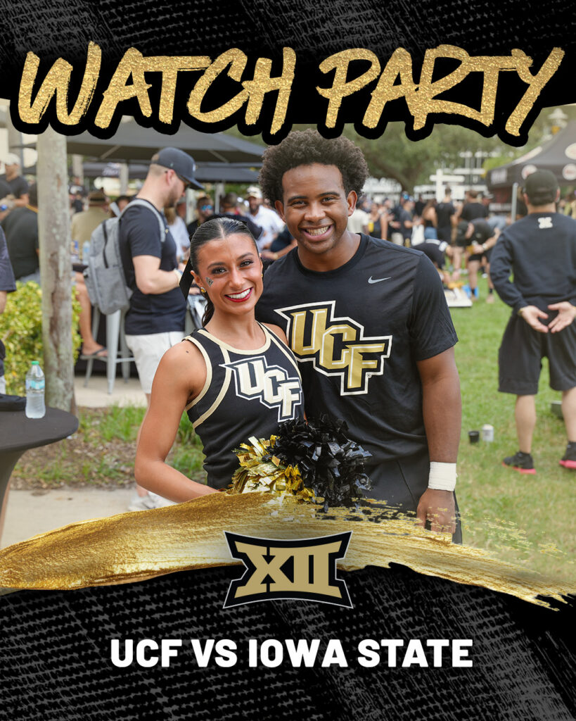 Promo poster for a UCF watch party: two smiling fans in black and gold UCF gear, with 'WATCH PARTY' and 'UCF vs Iowa State' text.