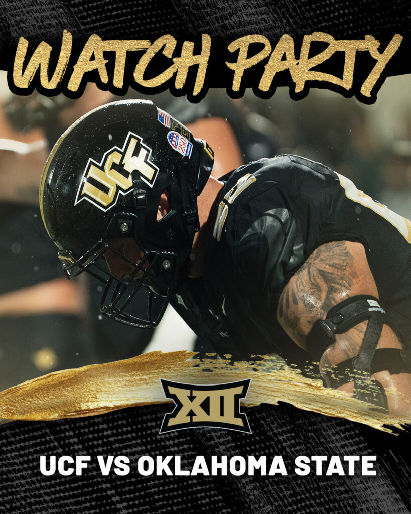 Graphic poster for a watch party: football player in a black UCF uniform with a gold 'WATCH PARTY' headline and UCF vs Oklahoma State branding.