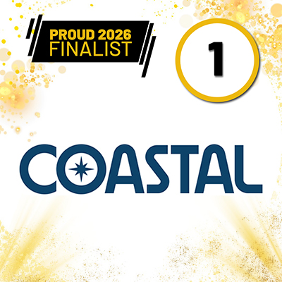Coastal logo displayed with a 'Proud 2026 Finalist' badge and a large gold-outlined number 1 circle, signaling first place.