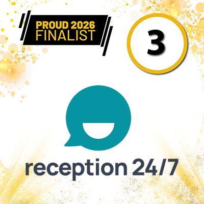 Finalist badge reading 'Proud 2026 Finalist' with the number 3, plus the teal Reception 24/7 logo.