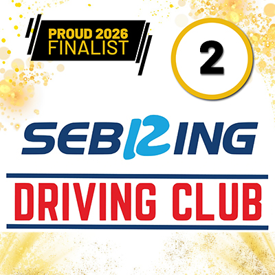 Badge reading 'Proud 2026 Finalist' with a large number 2 and the SEBIZING Driving Club logo in blue and red.