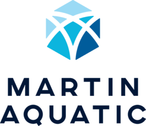 Logo with overlapping light and dark blue geometric shapes forming a mountain emblem.