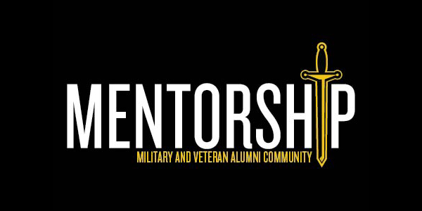Logo reading 'MENTORSHIP' in white on black, with a gold sword forming a vertical element and the subtitle 'Military and Veteran Alumni Community' in yellow.