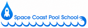Blue logo for Space Coast Pool School featuring a water droplet with a rocket, the text 'Space Coast Pool School', and a row of wave motifs.