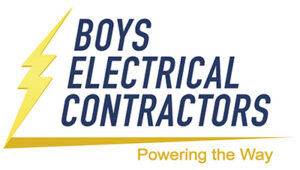 Logo for Boys Electrical Contractors with a yellow lightning bolt, navy text, and the slogan 'Powering the Way'.