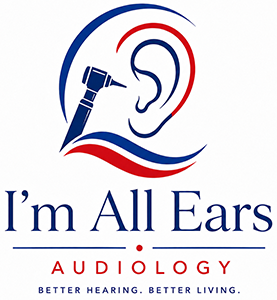 Logo for I'm All Ears Audiology featuring a stylized ear, a microphone, and blue/red waves with the slogan 'Better hearing. Better living.'