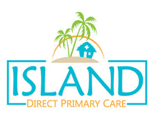 Island Direct Primary Care logo: teal 'ISLAND' text with orange 'DIRECT PRIMARY CARE', palm trees and a blue house with a cross on a sandy island under an orange arc.