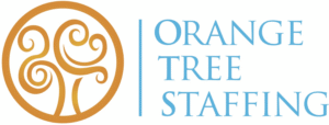 Orange Tree Staffing logo: orange circular tree emblem on the left with cyan text on the right reading ORANGE TREE STAFFING