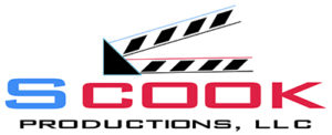 Logo for S COOK Productions, LLC featuring a blue 'S', red 'COOK', a stylized clapperboard above, and 'PRODUCTIONS, LLC' beneath.