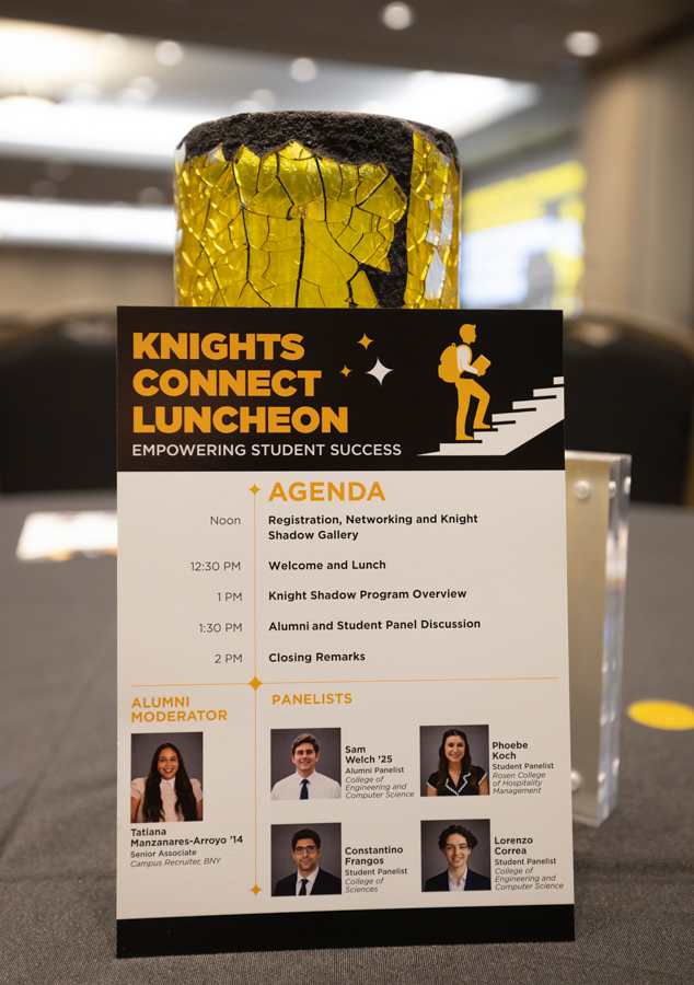 Event flyer titled 'Knights Connect Luncheon' on a table, showing the agenda and panelist headshots with times from noon to 2 PM.