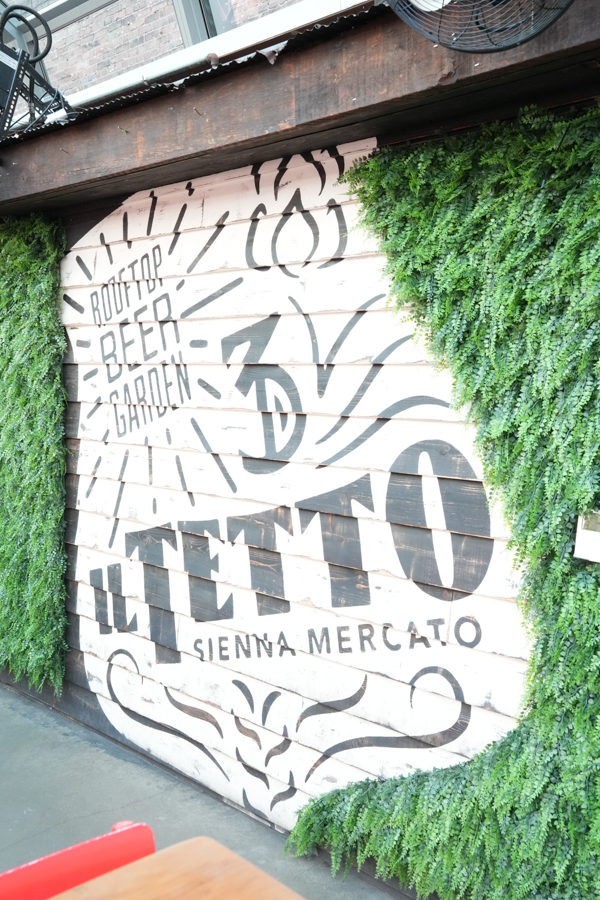Outdoor mural on a wooden wall framed by greenery advertising Sienna Mercato with rooftop beer garden text above.