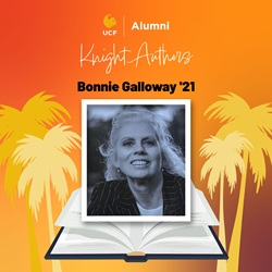 Knight Authors banner with Bonnie Galloway '21 portrait above an open book, orange sunset background and palm trees.