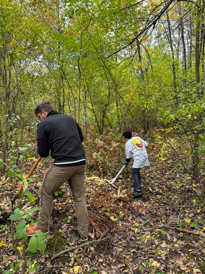 Two people raking fallen leaves in a dense forest; one man in a black jacket and tan pants, the other in a light jacket with a beanie.