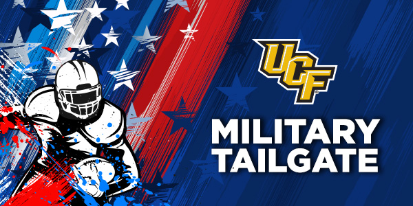 UCF Military Tailgate banner featuring a football player silhouette, stars, and red‑blue stripes with the UCF logo.