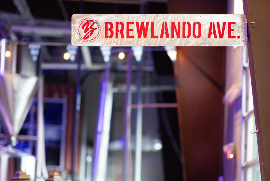 Overhead sign reading BREWLANDO AVE in a dim, neon-lit indoor space.