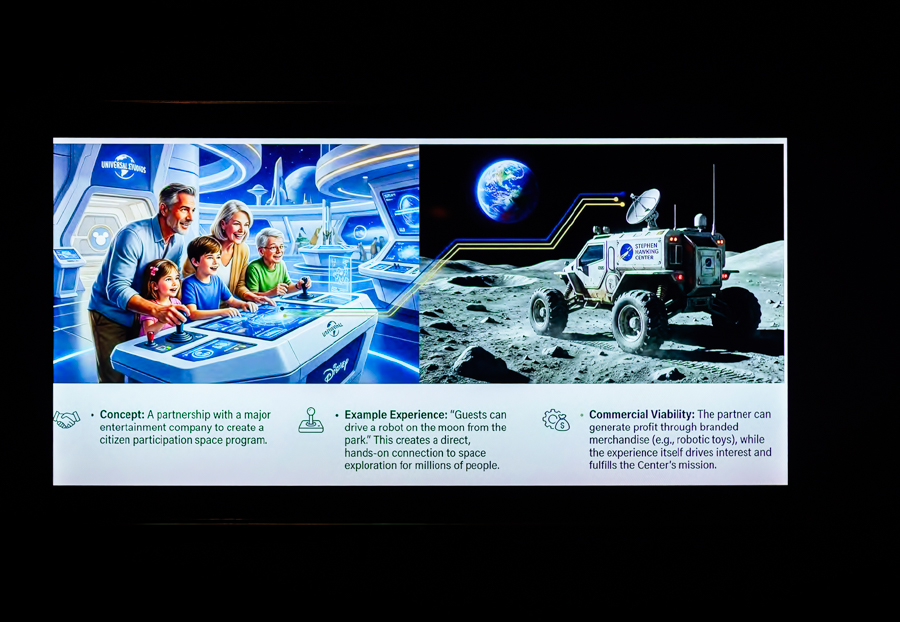 Split infographic: left side shows a family at interactive space-themed controls in a Disney exhibit; right side shows a lunar rover on the Moon with Earth in the background and a circuit-line graphic. Bottom text references Concept, Example Experience, and Commercial Viability.