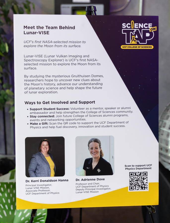 Poster introducing the Lunar-VISE team with two scientist headshots and a QR code for support, plus mission text.