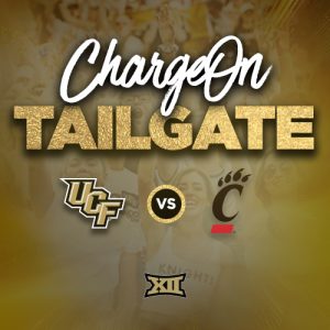 Event graphic for the tailgate with the title of the event ChargeOn Tailgate and the team logos for UCF and Cincinnati.