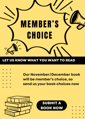 Member's choice graphic asking for book submissions with a link to a form to submit a book.